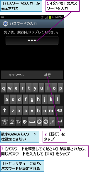 1 4文字以上のパスワードを入力  ,3［パスワードを確認してください］が表示されたら、同じパスワードを入力して［OK］をタップ    ,数字のみのパスワードは設定できない  ,２［続行］をタップ  ,［セキュリティ］に戻り、パスワードが設定される,［パスワードの入力］が表示された      