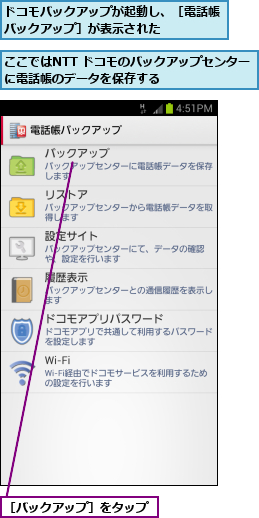 ここではNTT ドコモのバックアップセンターに電話帳のデータを保存する      ,ドコモバックアップが起動し、［電話帳バックアップ］が表示された    ,［バックアップ］をタップ