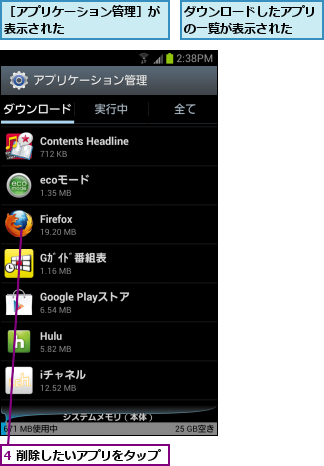 4 削除したいアプリをタップ,ダウンロードしたアプリの一覧が表示された  ,［アプリケーション管理］が表示された        