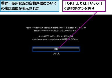 動作・使用状況の自動送信についての確認画面が表示された    ,［OK］または［いいえ］で選択ボタンを押す