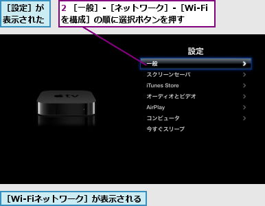 2 ［一般］-［ネットワーク］-［Wi-Fiを構成］の順に選択ボタンを押す  ,［Wi-Fiネットワーク］が表示される,［設定］が表示された