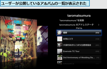 ユーザーが公開しているアルバムの一覧が表示された