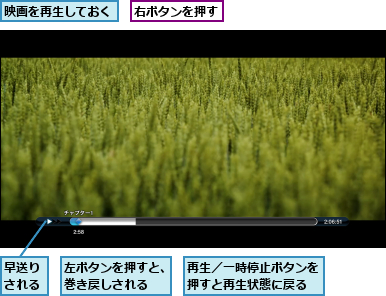 再生／一時停止ボタンを押すと再生状態に戻る,右ボタンを押す,左ボタンを押すと、巻き戻しされる　,早送りされる,映画を再生しておく
