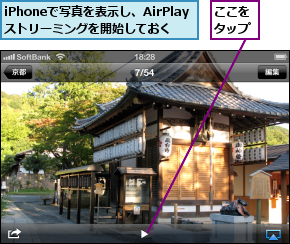 iPhoneで写真を表示し、AirPlayストリーミングを開始しておく,ここをタップ