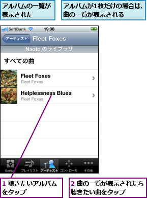 1 聴きたいアルバムをタップ      ,2 曲の一覧が表示されたら聴きたい曲をタップ    ,アルバムが1枚だけの場合は、曲の一覧が表示される    ,アルバムの一覧が表示された  