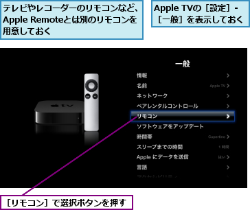 Apple TVの［設定］-［一般］を表示しておく　　,テレビやレコーダーのリモコンなど、Apple Remoteとは別のリモコンを　用意しておく,［リモコン］で選択ボタンを押す