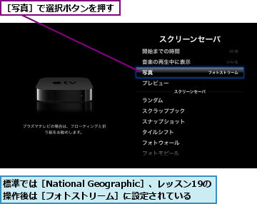 標準では［National Geographic］、レッスン19の操作後は［フォトストリーム］に設定されている,［写真］で選択ボタンを押す