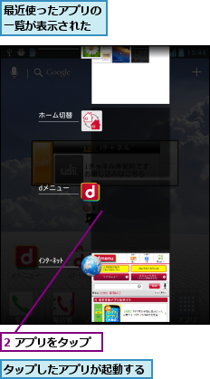 2 アプリをタップ,タップしたアプリが起動する,最近使ったアプリの一覧が表示された