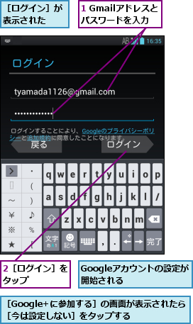 1 Gmailアドレスとパスワードを入力,2［ログイン］をタップ    ,Googleアカウントの設定が開始される    ,［Google+に参加する］の画面が表示されたら［今は設定しない］をタップする  ,［ログイン］が表示された  