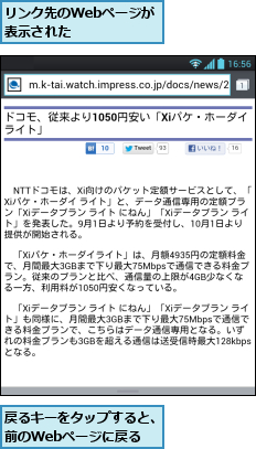 リンク先のWebページが表示された　　　　,戻るキーをタップすると、前のWebページに戻る