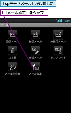 1［メール設定］をタップ,［spモードメール］が起動した