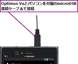 Optimus Vuとパソコンを付属のmicroUSB接続ケーブルで接続