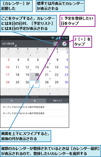 1 予定を登録したい日をタップ    ,2［＋］をタップ  ,ここをタップすると、カレンダーには本日の日付、［予定リスト］には本日の予定が表示される,標準では月表示でカレンダーが表示される      ,画面を上下にスワイプすると、前後の月が表示される    ,複数のカレンダーが登録されているときは［カレンダー選択］が表示されるので、登録したいカレンダーを選択する    ,［カレンダー］が起動した    