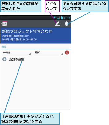 ここをタップ,予定を削除するにはここをタップする      ,選択した予定の詳細が表示された    ,［通知の追加］をタップすると、複数の通知を設定できる    