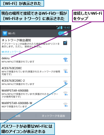 パスワードが必要なWi-Fiには鍵のアイコンが表示される,接続したいWi-Fiをタップ    ,現在の場所で接続できるWi-Fiの一覧が［Wi-Fiネッ トワーク］に表示された,［Wi-Fi］が表示された
