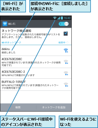 Wi-Fiを使えるようになった    ,ステータスバーにWi-Fi接続中のアイコンが表示された,接続中のWi-Fiに［接続しました］が表示された　　　　　　　　　　　　　　　,［Wi-Fi］が表示された