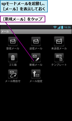 spモードメールを起動し、［メール］を表示しておく,［新規メール］をタップ