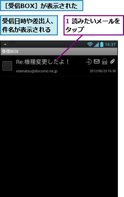 1 読みたいメールをタップ　　　　　　,受信日時や差出人、件名が表示される,［受信BOX］が表示された