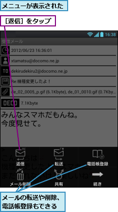 メニューが表示された,メールの転送や削除、電話帳登録もできる,［返信］をタップ