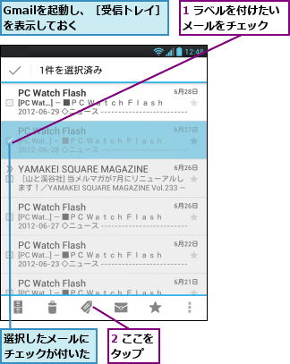 1 ラベルを付けたいメールをチェック　　,2 ここをタップ　　,Gmailを起動し、［受信トレイ］を表示しておく　　　　　　,選択したメールにチェックが付いた
