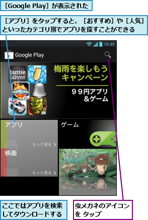 ここではアプリを検索してダウンロードする,虫メガネのアイコンを タップ    ,［Google Play］が表示された,［アプリ］をタップすると、［おすすめ］や［人気］といったカテゴリ別でアプリを探すことができる  