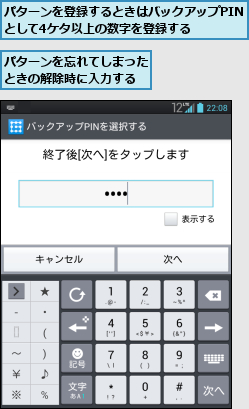 パターンを忘れてしまったときの解除時に入力する,パターンを登録するときはバックアップPINとして4ケタ以上の数字を登録する