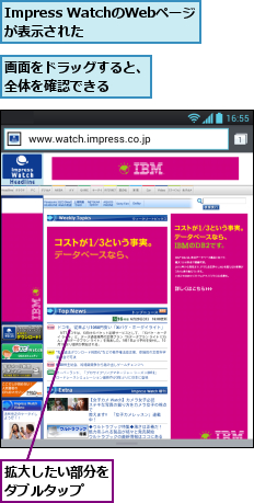 Impress WatchのWebページ が表示された            ,拡大したい部分をダブルタップ　　,画面をドラッグすると、全体を確認できる　　　