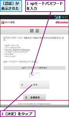 1 spモードパスワード　　を入力　　　　　　　　　,2［決定］をタップ,［認証］が表示された