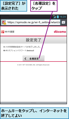 ホームキーをタップし、インターネットを　終了してよい　　　　　　　　　　　　　    ,［各種設定］をタップ    ,［設定完了］が表示された  