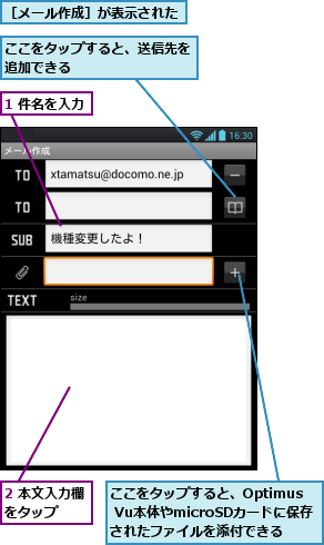 1 件名を入力,2 本文入力欄をタップ　　,ここをタップすると、Optimus Vu本体やmicroSDカードに保存されたファイルを添付できる,ここをタップすると、送信先を追加できる　　　　　　　　,［メール作成］が表示された