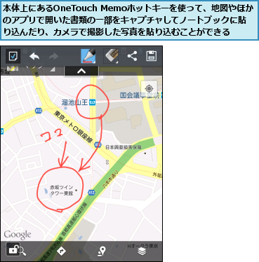 本体上にあるOneTouch Memoホットキーを使って、地図やほか のアプリで開いた書類の一部をキャプチャしてノートブックに貼り込んだり、カメラで撮影した写真を貼り込むことができる