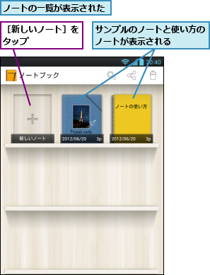 サンプルのノートと使い方のノートが表示される   ,ノートの一覧が表示された,［新しいノート］をタップ      