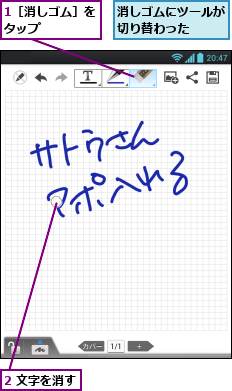 1［消しゴム］をタップ    ,2 文字を消す,消しゴムにツールが切り替わった  
