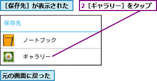 2［ギャラリー］をタップ,元の画面に戻った,［保存先］が表示された
