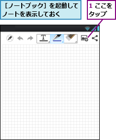 1 ここをタップ  ,［ノートブック］を起動してノートを表示しておく  