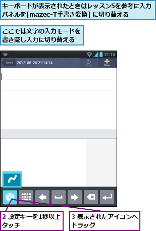 2 設定キーを1秒以上タッチ      ,3 表示されたアイコンへドラッグ        ,ここでは文字の入力モードを書き流し入力に切り替える,キーボードが表示されたときはレッスン5を参考に入力パネルを[mazec-T手書き変換] に切り替える