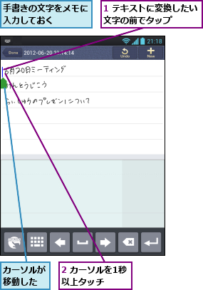1 テキストに変換したい文字の前でタップ    ,2 カーソルを1秒以上タッチ  ,カーソルが移動した,手書きの文字をメモに入力しておく    