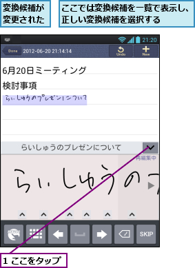 1 ここをタップ,ここでは変換候補を一覧で表示し、正しい変換候補を選択する    ,変換候補が変更された
