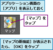 アプリケーション画面の　［アプリ］を表示しておく,［マップの新機能］が表示されたら、［OK］をタップ　　,［マップ］をタップ　　