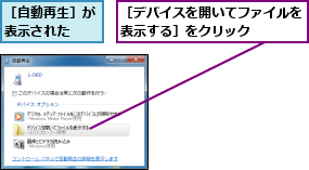 ［デバイスを開いてファイルを表示する］をクリック        ,［自動再生］が表示された  
