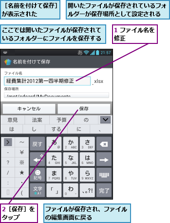 1 ファイル名を修正      ,2［保存］をタップ  ,ここでは開いたファイルが保存されているフォルダーにファイルを保存する,ファイルが保存され、ファイルの編集画面に戻る      ,開いたファイルが保存されているフォルダーが保存場所として設定される,［名前を付けて保存］が表示された    