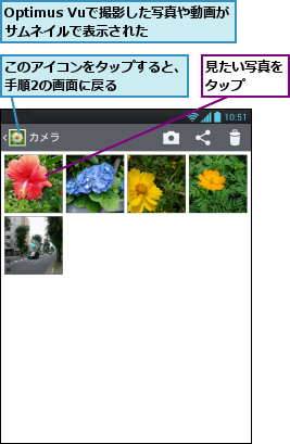 Optimus Vuで撮影した写真や動画がサムネイルで表示された　　　,このアイコンをタップすると、手順2の画面に戻る　　　　,見たい写真をタップ  