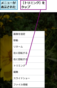 メニューが表示された,［トリミング］をタップ    