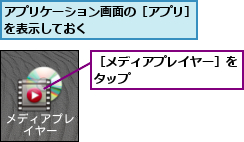 アプリケーション画面の［アプリ］を表示しておく        ,［メディアプレイヤー］をタップ        