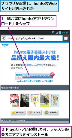 1［総合書店hontoアプリダウンロード］をタップ  ,ブラウザが起動し、hontoのWebサイトが表示された,２ Playストアが起動したら、レッスン8を参考にアプリをインストール    