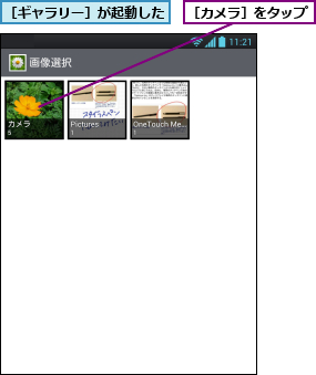 ［カメラ］をタップ,［ギャラリー］が起動した
