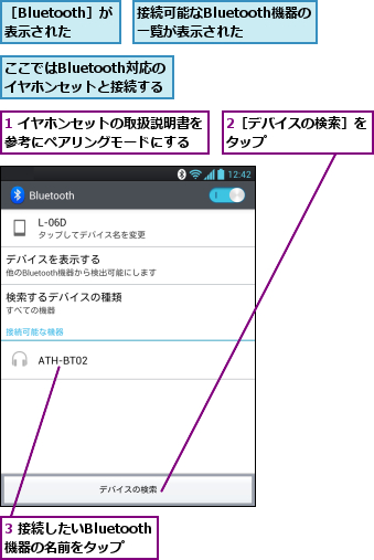 1 イヤホンセットの取扱説明書を参考にペアリングモードにする  ,2［デバイスの検索］をタップ        ,3 接続したいBluetooth機器の名前をタップ,ここではBluetooth対応のイヤホンセットと接続する,接続可能なBluetooth機器の一覧が表示された,［Bluetooth］が 表示された