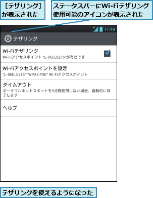 ステータスバーにWi-Fiテザリング使用可能のアイコンが表示された,テザリングを使えるようになった,［テザリング］が表示された