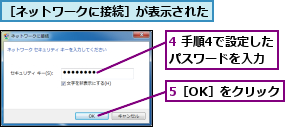 4 手順4で設定したパスワードを入力,5［OK］をクリック,［ネットワークに接続］が表示された