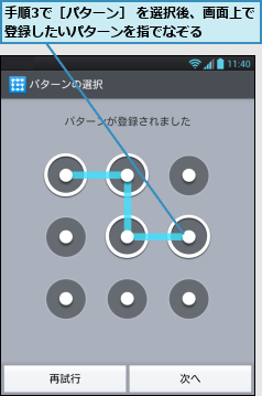 手順3で［パターン］ を選択後、画面上で登録したいパターンを指でなぞる      